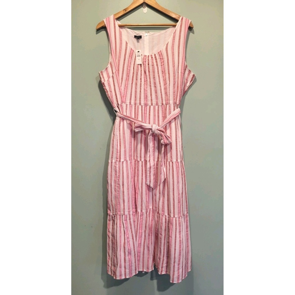New Talbots Pink Stripe Sleeveless Gauzy Tiered Belted Maxi Dress Sz 16